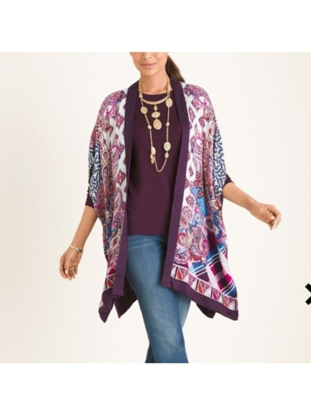 Chicos Ruana Wrap S / M Purple Patchwork Print Lightweight Shawl Poncho Kimono